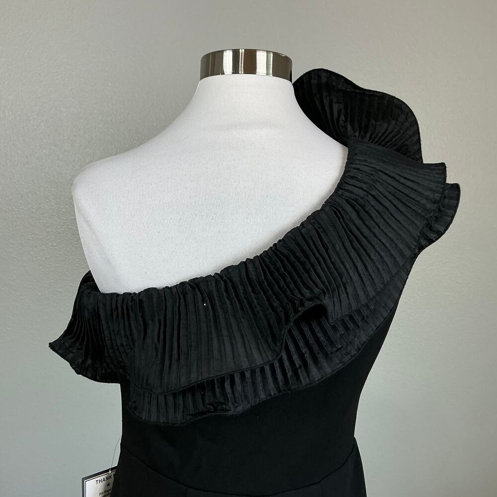 XSCAPE Black Evening Gown Pleated Ruffle One Shoulder Formal Column Dress Size 6 - Picture 9 of 12